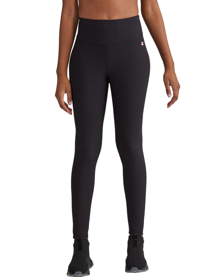 Champion Womens Leggings NZ - Ribbed Black ( 4153-SHQOD )